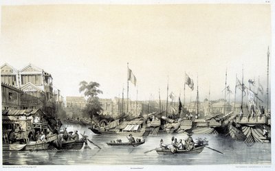 Europäische Faktoreien in Kanton - in „China and the Chinese“, Zeichnungen von Auguste Borget und Lithografien von Eugène Cicéri von Auguste Borget