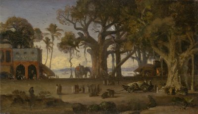 Mondschein-Szene mit indischen Figuren und Elefanten unter Banyanbäumen, Oberindien (wahrscheinlich Lucknow) von Auguste Borget