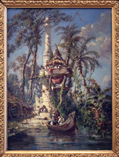 Observatorium am Ufer des Hoogly-Flusses (Bengalen, Indien). Gemälde von Auguste Borget (1808-1877), Öl auf Mahagoniholz von Auguste Borget