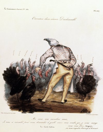 Louis Philippe mit einer Nachtmütze auf dem Kopf, umgeben von Truthähnen von Auguste Bouquet