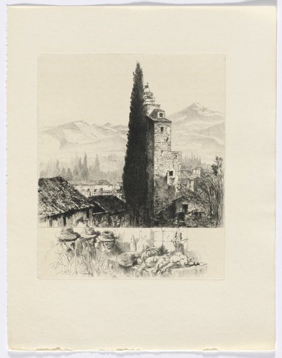 Frédéric Mistral: Mémoires et Recits von Frédéric Mistral: Turm in Landschaft / Mann und Wild (Einlage nach S. 200) von Auguste Brouet