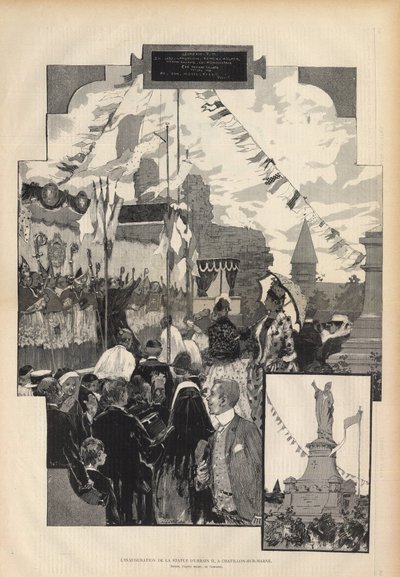 Einweihung der Statue von Papst Urban II. in Châtillon-sur-Marne am 21. Juli 1887. Zeichnung nach der Natur von Auguste François Marie Gorguet (1862-1927), in Paris illustriert von 1887. von Auguste Francois Gorguet