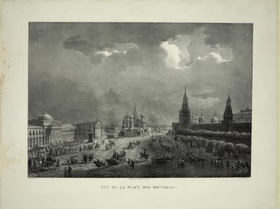 Obere Handelsreihen am Roten Platz in Moskau, um 1830 von Auguste Jean Baptiste Antoine Cadolle