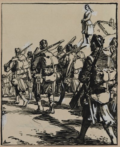 Schlacht an den Grenzen: Gruppe britischer Soldaten von Auguste Louis Lepère