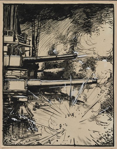 Bombe explodiert auf einem gepanzerten Schiff mit gezogenen Kanonen, 1914 von Auguste Louis Lepère