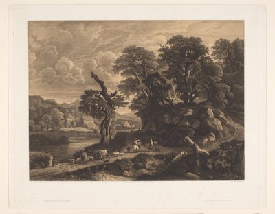 Landschaft mit Tieren und Figuren auf einem Weg entlang eines Flusses von Auguste Numans