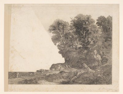 Landschaft mit Tieren und Figuren auf einem Weg entlang eines Flusses von Auguste Numans