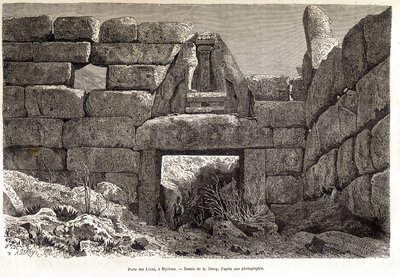 Löwentor in Mykene - Zeichnung von A. Deroy, in „Rund um die Welt“ 1877 2. Semester von Auguste Victor Deroy