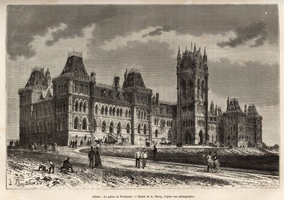 Das Parlamentsgebäude in Ottawa, erbaut zwischen 1859 und 1876, graviert nach einer Zeichnung von A. Deroy, zur Illustration des Ausflugs nach Kanada und zum Red River of the North, von H. De Lamotte 1873, veröffentlicht in „Le tour du monde“ 1875, herausg von Auguste Victor Deroy