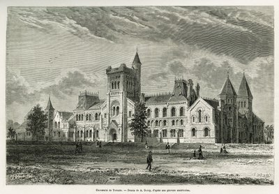 Die Universität von Toronto, Zeichnung von A. Deroy, zur Illustration der Geschichte eines Ausflugs nach Kanada und zum nördlichen Roten Fluss 1873 von H. de Lamotte. Gravur in Le tour du monde von Auguste Victor Deroy