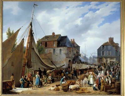 Verladung von Vieh auf den Passagier im Hafen von Honfleur. Gemälde von Auguste-Xavier Leprince (1799-1826) 1823 von Auguste Xavier Leprince