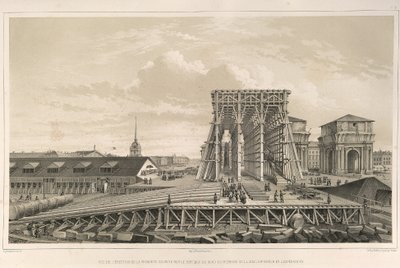 Die erste Säule beim Bau von: Der Bau der Isaakskathedrale, 1845 von Auguste de Montferrand