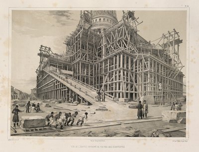 Ansicht der Kathedrale umgeben von Holzgerüsten aus: Der Bau der Sankt Isaaks Kathedrale, 1845 von Auguste de Montferrand