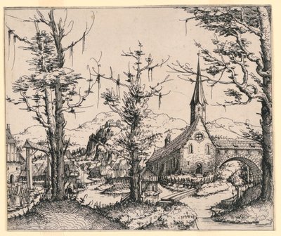 Kirche an einem Bach, überspannt von einer überdachten Brücke von Augustin Hirschvogel