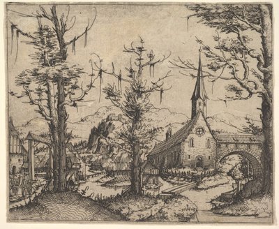 Landschaft mit vier Bäumen und einer Kirche rechts, 1545 von Augustin Hirschvogel