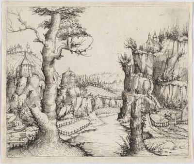 Flusslandschaft mit hohen Klippen von Augustin Hirschvogel