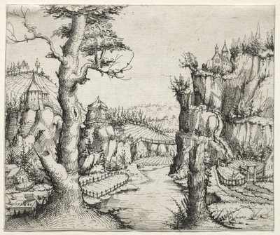 Flusslandschaft mit Felsen links und rechts von Augustin Hirschvogel