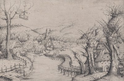 Flusslandschaft mit drei kahlen Weiden rechts und einer langen, gewundenen Holzbrücke, 1546 von Augustin Hirschvogel