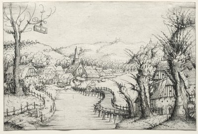 Flusslandschaft mit drei kahlen Weiden rechts und einer langen, gewundenen Holzbrücke in der Mitte, die zu einem Dorf führt von Augustin Hirschvogel