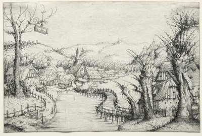 Flusslandschaft mit drei kahlen Weiden und einer langen, gewundenen Holzbrücke von Augustin Hirschvogel