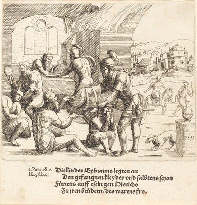 Die Männer von Ephraim kümmern sich um ihre Gefangenen und bringen sie nach Jericho zurück, 1549 von Augustin Hirschvogel