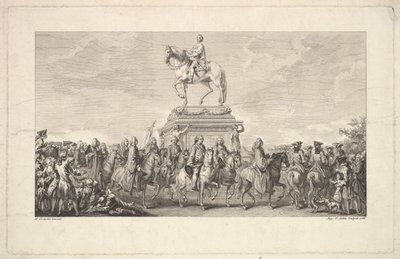Die Einweihung der Statue von Ludwig XV., Vignette auf Seite 1, aus Beschreibung der Arbeiten, 1766 von Augustin de Saint Aubin