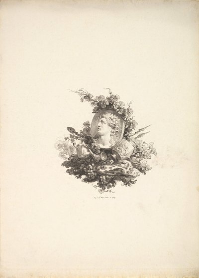 Vignette mit dem Kopf des Bacchus auf einem Karneol, Band I, Seite 242, aus Beschreibung de..., 1778-80 von Augustin de Saint Aubin