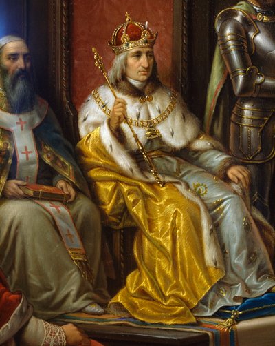 Friedrich III., gedrängt zum Marsch gegen die Türken von Triester Dichter Raffaele Zovenzoni (Detail) von Augusto Tominz