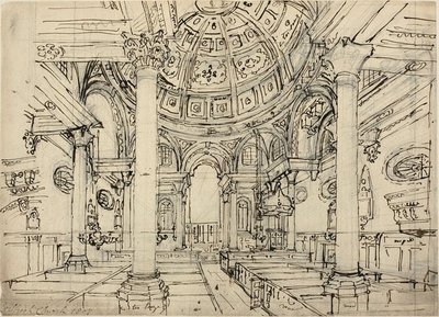 Studie für die Walbrook-Kirche (recto); Skizzen von Segelbooten, Männern und Dinghies (verso) von Augustus Charles Pugin