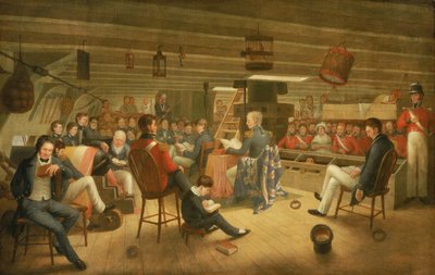 Gottesdienst, wie er normalerweise an Bord einer britischen Fregatte auf See abgehalten wird von Augustus Earle