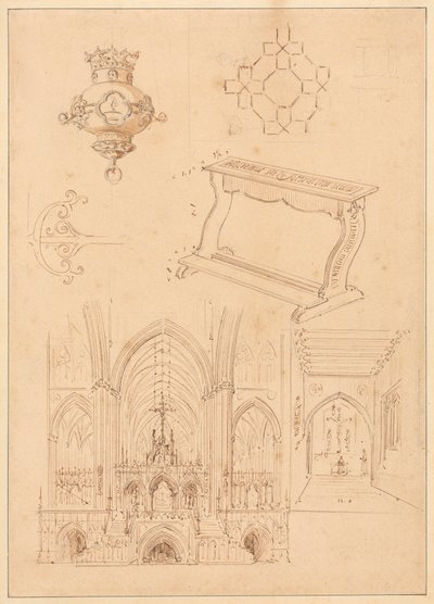 Entwürfe für gotische Ornamentik, ein Kniekissen und zwei Skizzen der Innenräume gotischer Kirchen von Augustus Welby Northmore Pugin