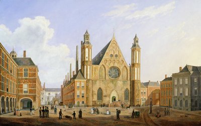 Der Binnenhof in Den Haag mit Blick auf den Ridderzaal mit Soldaten und anderen Figuren im Hof von Augustus Wynantz