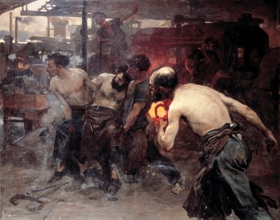 Arbeitsunfall Ein Arbeiter in einer Fabrik wird von einer der Maschinen verletzt und von seinen Kollegen transportiert (Gemälde) von Aurelio Arteta Errasti
