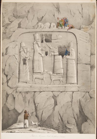 Assyrische Felsenskulptur (Bavian), aus Denkmäler von Ninive, veröffentlicht 1849 von Austen Henry Layard