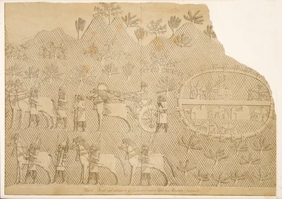 Streitwagen und Begleiter von Sanherib und eine Burg auf einem Berg (Kouyunjik), aus Denkmäler von Ninive, veröffentlicht 1849 von Austen Henry Layard