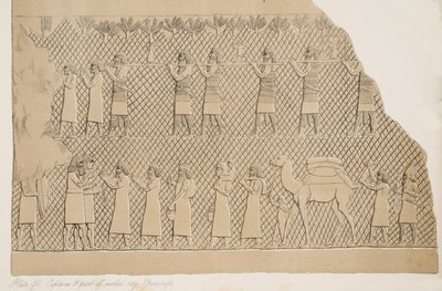 Detail von Gefangenen und einem Teil der ummauerten Stadt (Kouyunjik), Illustration aus Denkmäler von Ninive, 1858 von Austen Henry Layard