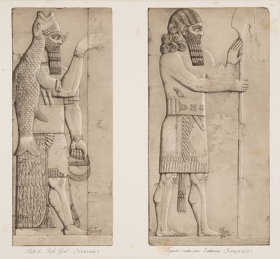 Fischgott (Nimrud) und Figur nahe einem Eingang (Kouyunjik), aus Denkmäler von Ninive, veröffentlicht 1849 von Austen Henry Layard