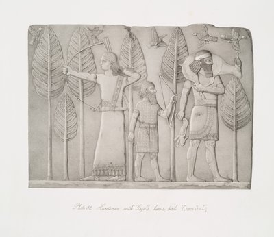 Jäger mit Gazelle, Hase und Vögeln (Khorsabad) von Austen Henry Layard