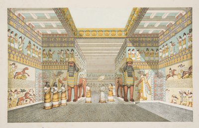 Rekonstruktion der Halle eines assyrischen Palastes, aus Denkmäler von Ninive, veröffentlicht 1849 von Austen Henry Layard