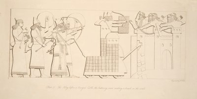 Der König vor einer belagerten Burg, der Rammbock macht eine Bresche in die Mauern, aus Denkmäler von Ninive, veröffentlicht 1849 von Austen Henry Layard