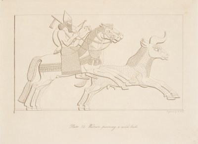 Krieger verfolgt einen wilden Stier, aus Denkmäler von Ninive, veröffentlicht 1849 von Austen Henry Layard