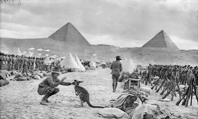 Reihen der australischen 9. und 10. Bataillone im Mena Camp, Blick auf die Pyramiden, Dezember 1914 von Australian Photographer