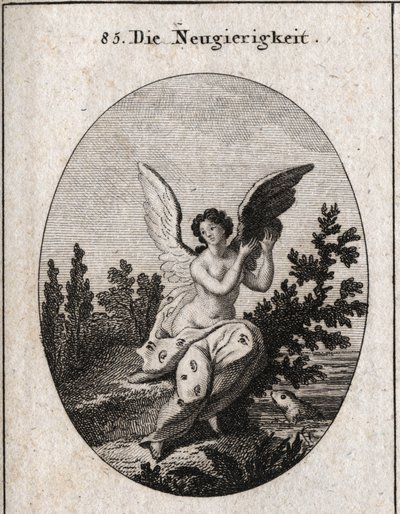 Allegorie der Neugier, dargestellt mit einem Tuch, das mit Ohren und Augen übersät ist. Die Flügel erhoben. Gravur in „Iconologie oder Ideen aus dem Gebiete der Leidenschaften und Allegorien bildlich dargestellt für Zeichner, Maler, Dichter, Gelehrte, Erzi von Austrian School