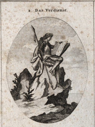 Allegorie des Verdienstes, dargestellt auf der Spitze eines steilen Felsens mit Waffen und einem Buch, das es als Ergebnis seiner Werke und Studien symbolisiert. Gravur in „Iconologie oder Ideen aus dem Gebiete der Leidenschaften und Allegorien bildlich da von Austrian School