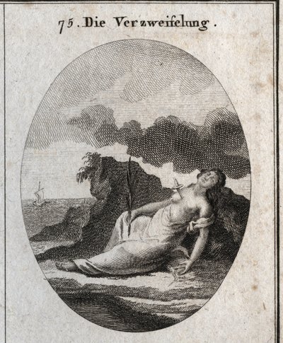 Allegorie der Verzweiflung, die einen Dolch in der Brust und einen Zweig Zypresse in der Hand darstellt (Baum, der einst die Gräber schmückte). Der Kompass ist das Emblem der Unordnung des Denkens. Gravur in „Iconologie oder Ideen aus dem Gebiete der Leide von Austrian School