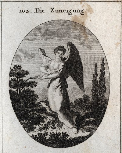 Allegorie der Zuneigung oder Freundlichkeit. Sein Attribut ist die Eidechse, Symbol seiner Freundlichkeit und natürlichen Zuneigung zu den Menschen. Gravur in „Iconologie oder Ideen aus dem Gebiete der Leidenschaften und Allegorien bildlich dargestellt für von Austrian School