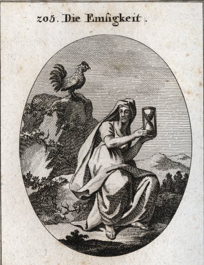 Allegorie der Anwesenheit. Sie hält eine Sanduhr und sitzt am Fuße eines Felsens, umgeben von einer Efeupflanze. Der Hahn ist ihr Attribut, da Anwesenheit ohne Wachsamkeit nicht existiert. Gravur in „Iconologie oder Ideen aus dem Gebiete der Leidenschaften von Austrian School