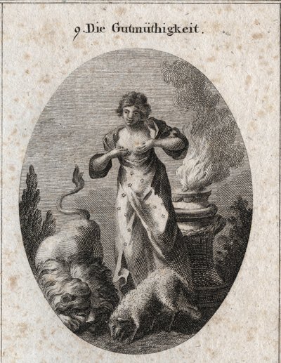 Allegorie der Güte, die gleichzeitig ein Lamm und einen Löwen stillt, was die Gleichheit von Schwachen und Starken symbolisiert. Das Feuer auf dem Altar deutet auf religiöse Gefühle hin. Gravur in „Iconologie oder Ideen aus dem Gebiete der Leidenschaften u von Austrian School