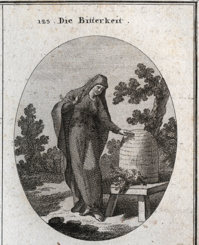 Allegorie der Bitterkeit. Sie schaut traurig auf eine Wermutpflanze, die in einem Honigbienenstock keimt. Gravur in „Iconologie oder Ideen aus dem Gebiete der Leidenschaften und Allegorien bildlich dargestellt für Zeichner, Maler, Dichter, Gelehrte, Erzieh von Austrian School