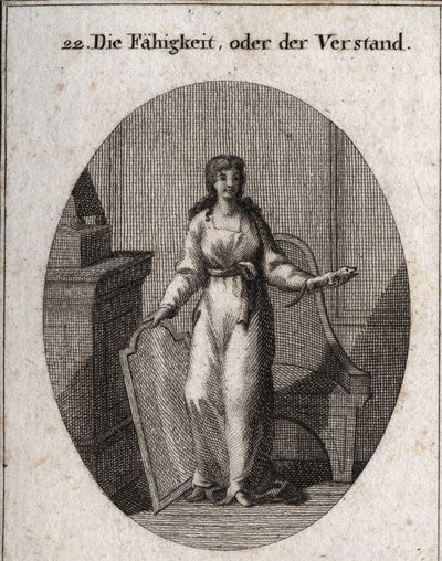 Allegorie der Fähigkeit (oder Intelligenz). Das Chamäleon und der Spiegel sind seine Attribute. Gravur in „Iconologie oder Ideen aus dem Gebiete der Leidenschaften und Allegorien bildlich dargestellt für Zeichner, Maler, Dichter, Gelehrte, Erzieher und Fre von Austrian School